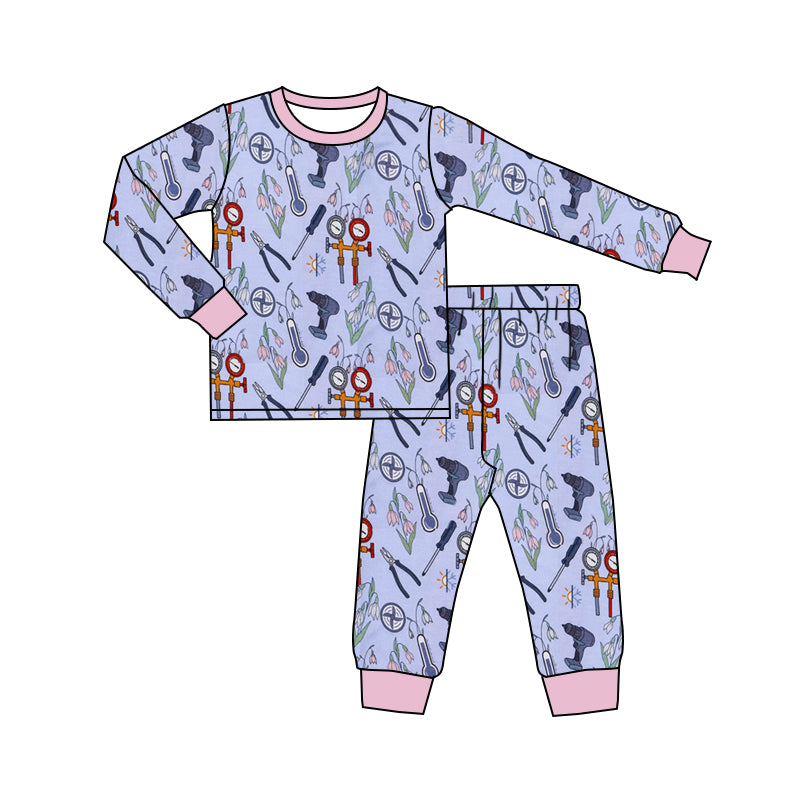 (Custom Design Preorder MOQ 5)  Tools Print Girls Fall Pajamas Clothes Set