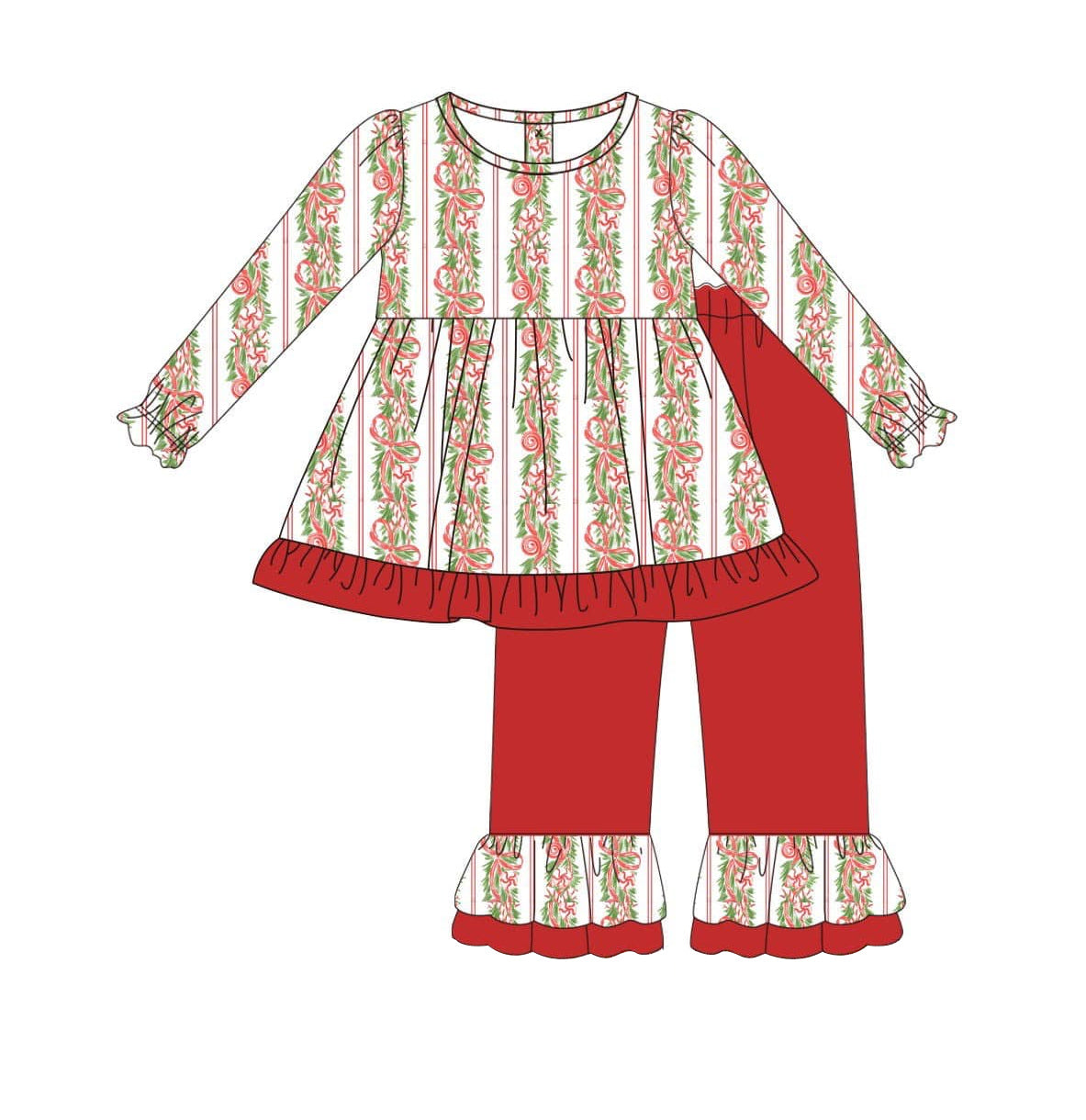 (Pre-order)GLP1437  Bows Holly Tunic Top Red Pants Girls Christmas Clothes Set