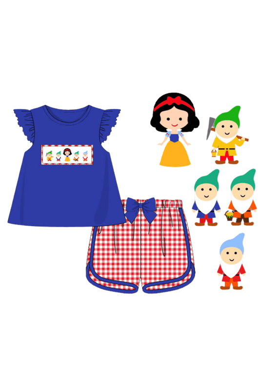 (Custom Design Preorder MOQ 5) Cartoon Princess Blue Top Red Plaid Shorts Girls Summer Clothes Set