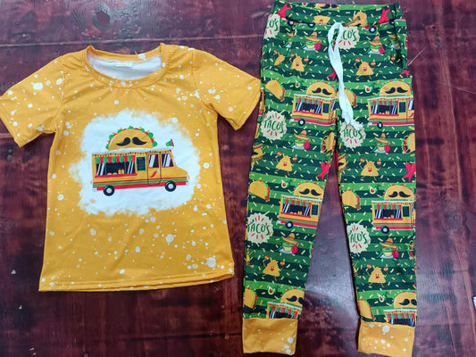 (Custom Design Preorder MOQ 5)  School Bus Taco Top Pants Boys Back to School Clothes Set