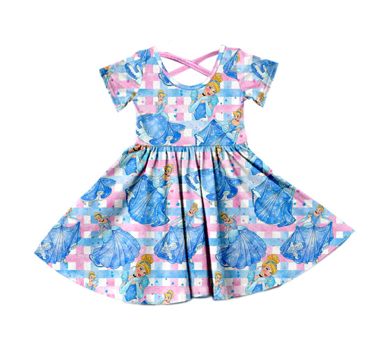 (Custom Design Preorder MOQ 5) Cartoon Blue Princess Print Girls Knee Length Dress