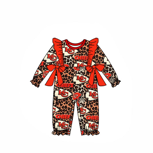 (Custom Design Preorder MOQ 5) Team's KC Leopard Print Bows Baby Girls Fall Romper