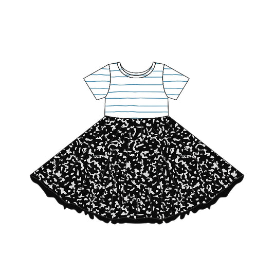 (Custom Design Preorder MOQ 5) Pens Black Print Girls Knee Length Back to School Dress