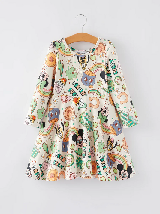 (Custom Design Preorder MOQ 5)  Cartoon Mouse Rainbow Print Girls St. Patrick's Day Knee Length Dress
