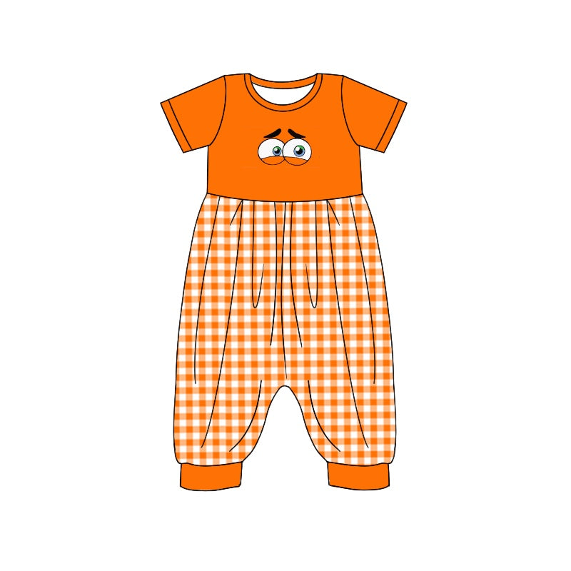 (Custom Design Preorder MOQ 5) Cartoon Figure Inside Out Orange Plaid Print Girls Jumpsuits Baby Romper