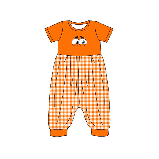 (Custom Design Preorder MOQ 5) Cartoon Figure Inside Out Orange Plaid Print Girls Jumpsuits Baby Romper