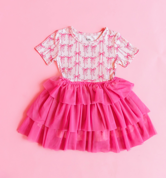 (Custom Design Preorder MOQ 5)  Pink Bows Print Girls Knee Length Tulle Dress