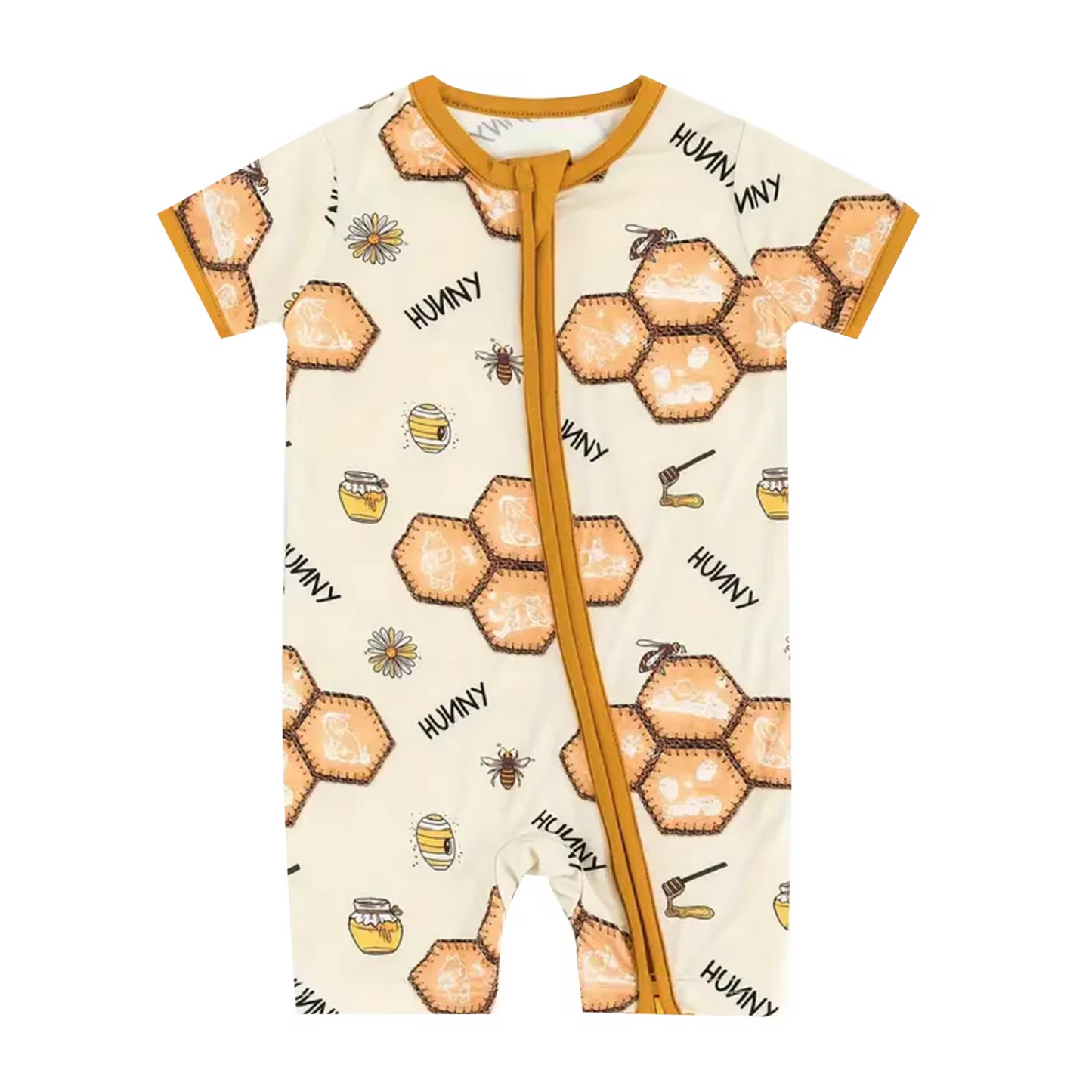 (Custom Design Preorder MOQ 5) Bee Print Baby Girls Summer Zipper Romper