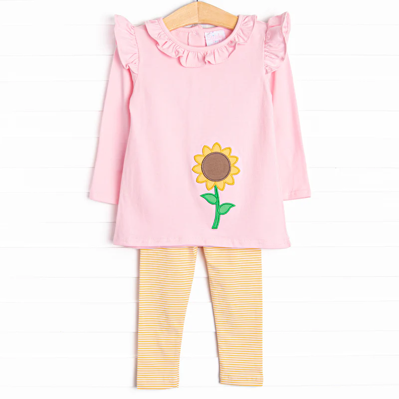 (Custom Design Preorder MOQ 5) Sunflowers Pink Top Yellow Stripes Pants Girls Fall Clothes Set