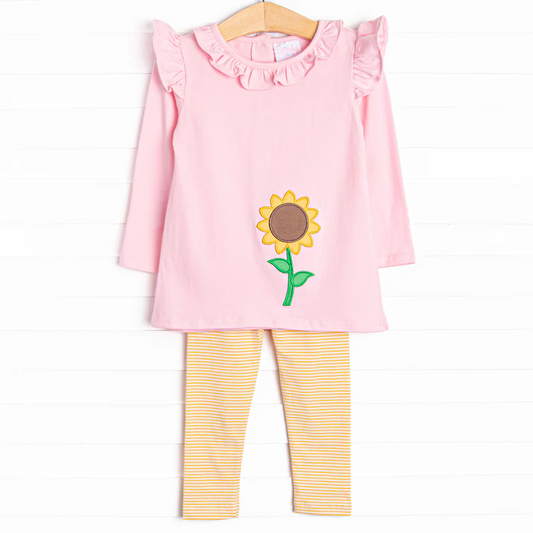 (Custom Design Preorder MOQ 5) Sunflowers Pink Top Yellow Stripes Pants Girls Fall Clothes Set