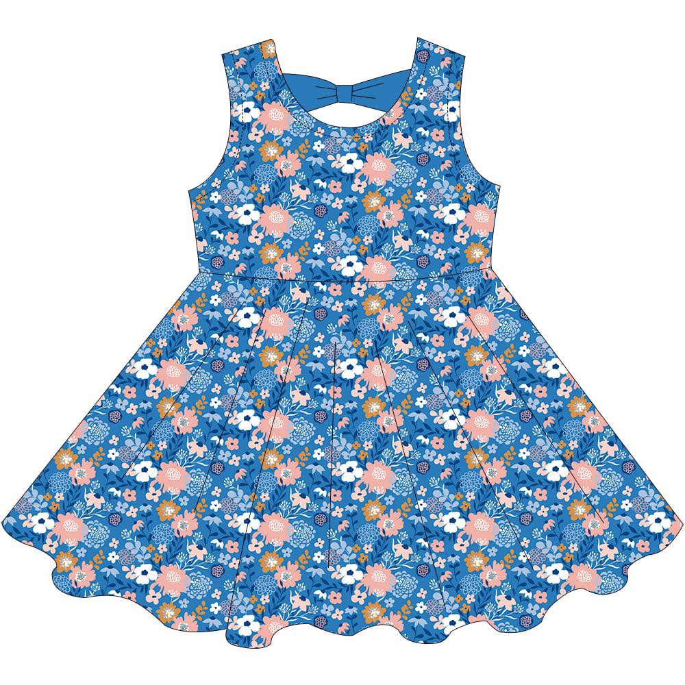(Custom Design Preorder MOQ 5) Blue Flowers Print Girls Summer Knee Length Dress