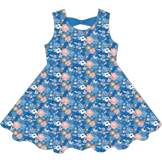 (Custom Design Preorder MOQ 5) Blue Flowers Print Girls Summer Knee Length Dress