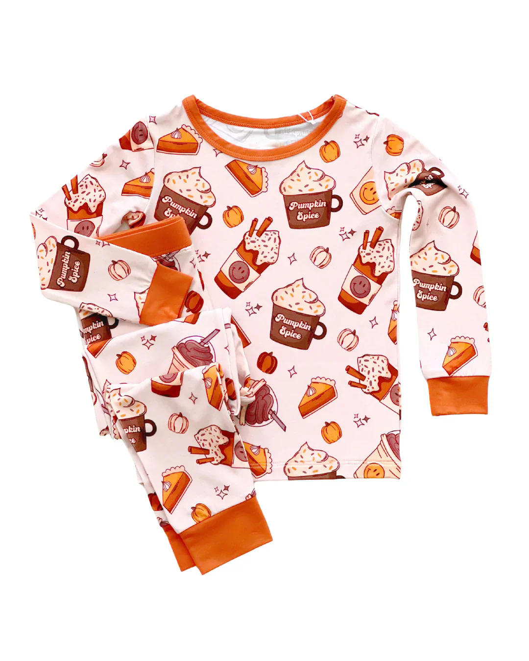 (Custom Design Preorder MOQ 5) Smiling Face Coffee Pumpkin Print Kids Fall Pajamas Clothes Set