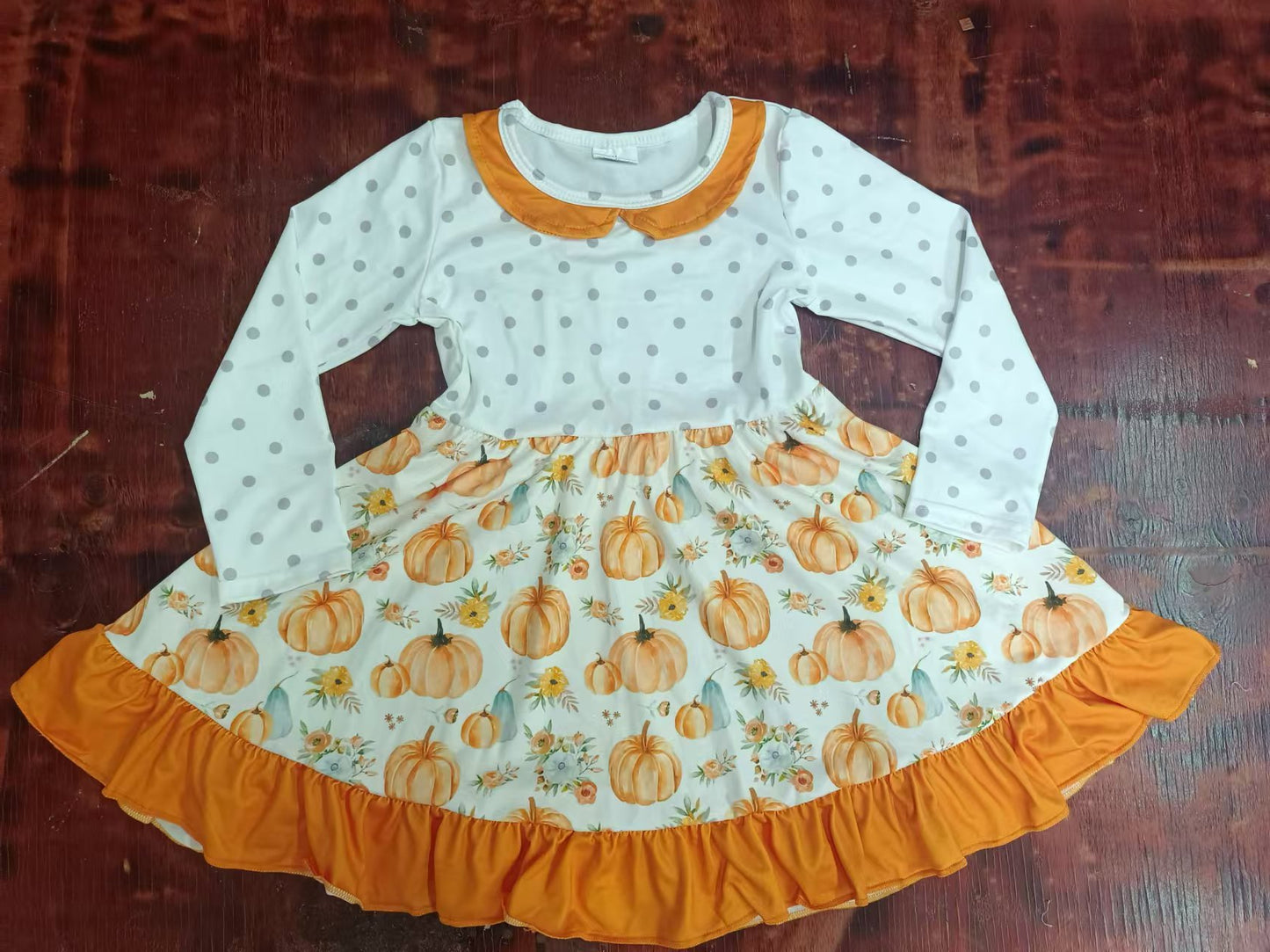 (Custom Design Preorder MOQ 5) Pumpkin Flowers Print Girls Fall Knee Length Dress