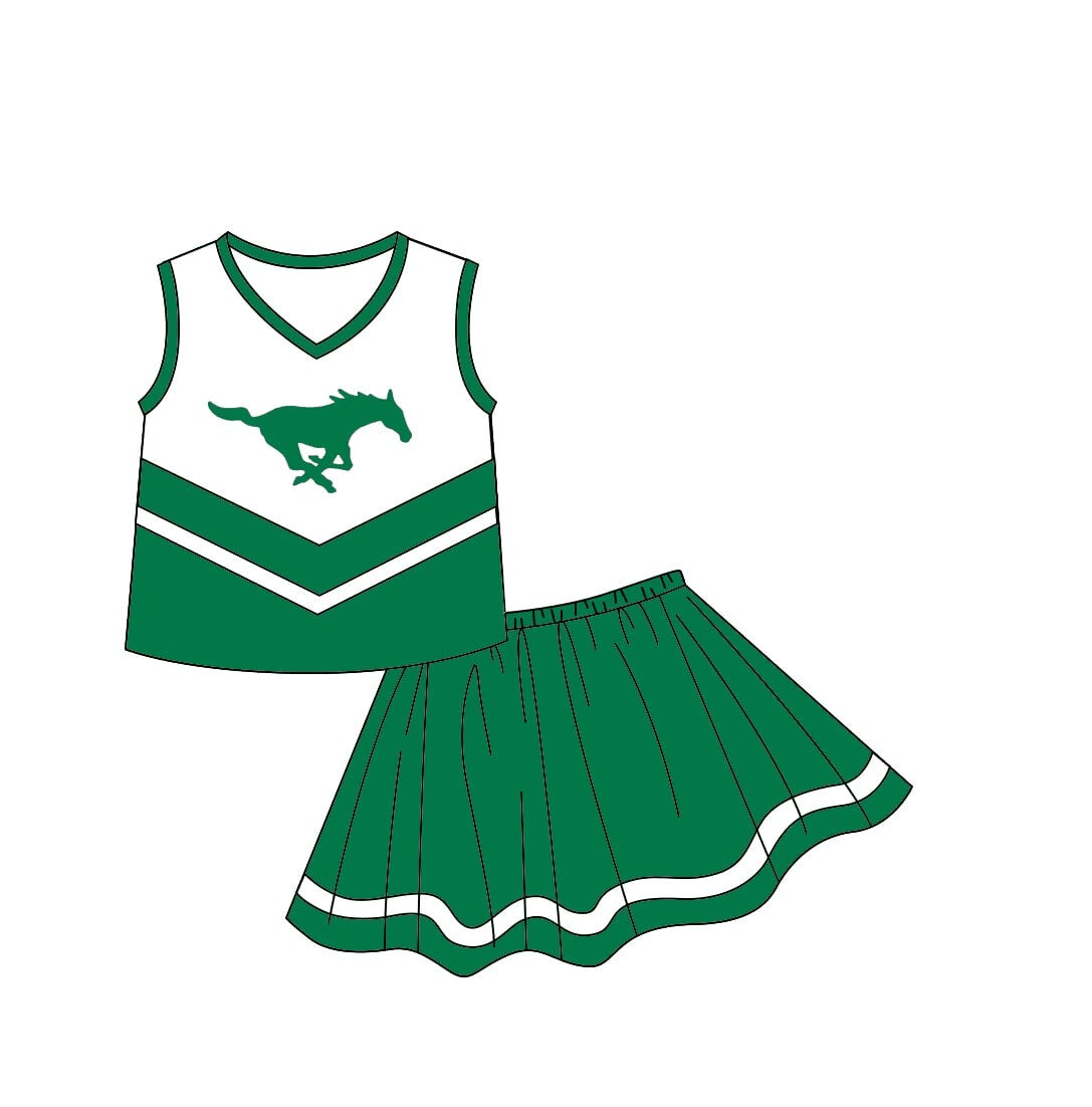 (Custom Design Preorder MOQ 5) Team's Horse Green Print Skirts With Shorts Girls Clothes Sets