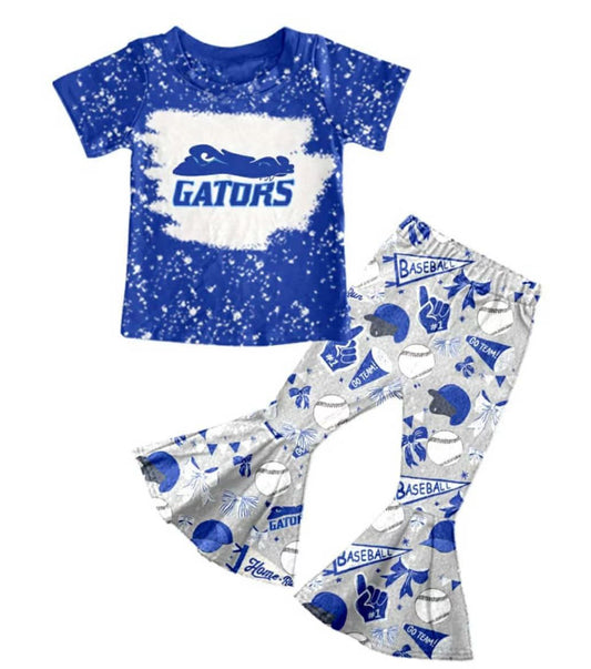 (Custom Design Preorder MOQ 5) Team's GATORS Blue Top Bows Bell Pants Girls Clothes Set