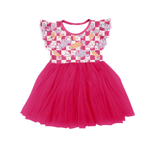 2.7(Custom Design Preorder MOQ 5) ABC Pen Plaid Print Girls Back to School Knee Length Tulle Dress