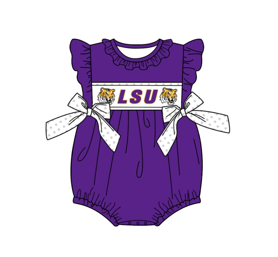 (Custom Design Preorder MOQ 5) Team's LSU Purple Print Baby Girls Romper