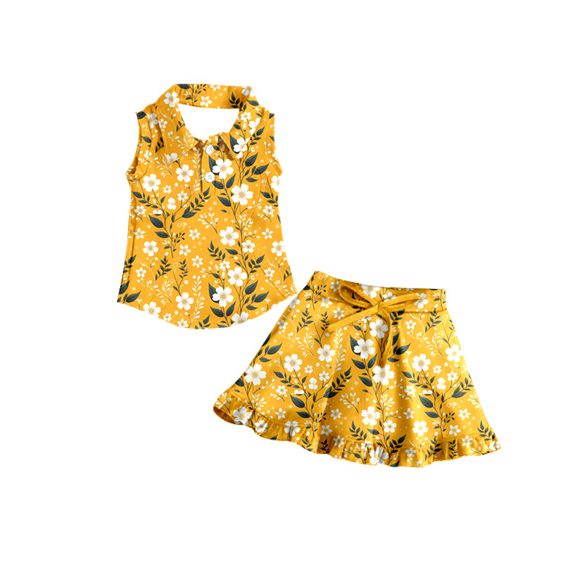 (Custom Design Preorder MOQ 5) Yellow Flowers Print Shorts Skirts Girls Summer Athletic Clothes Set