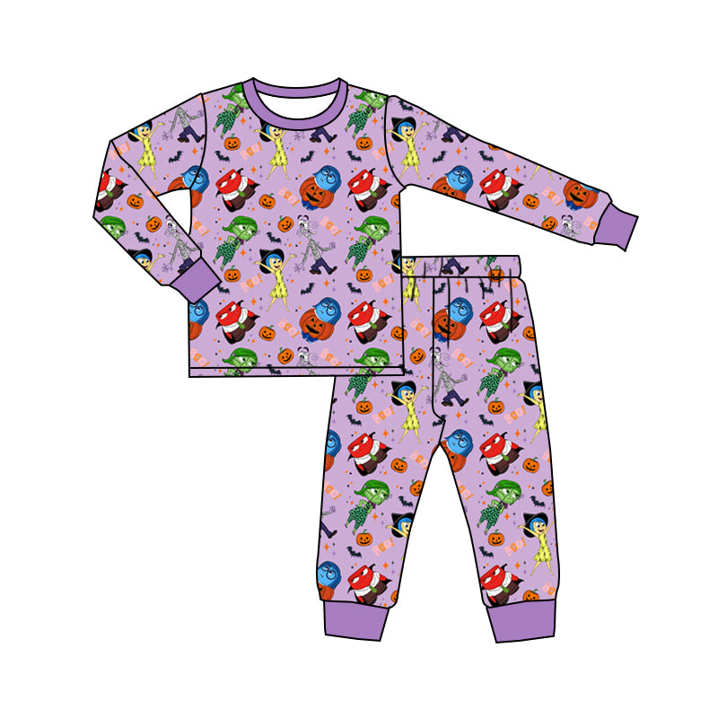 (Custom Design Preorder MOQ 5) Cartoon Figure Inside Out Pumpkin Print Boys Halloween Bamboo Pajamas Clothes Set