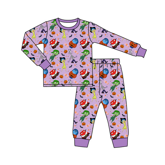 (Custom Design Preorder MOQ 5) Cartoon Figure Inside Out Pumpkin Print Boys Halloween Bamboo Pajamas Clothes Set