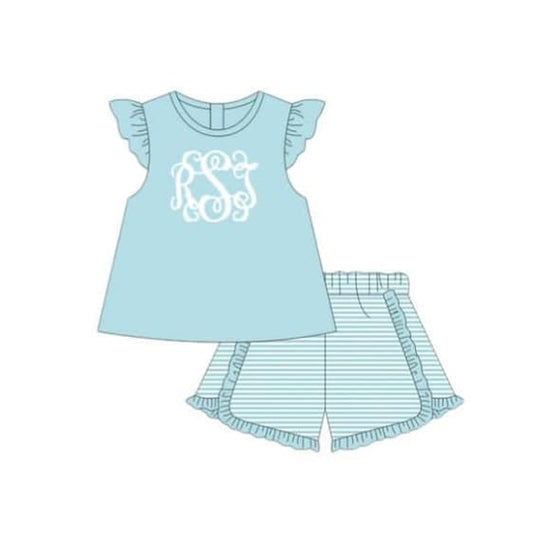 (Custom Design Preorder MOQ 5)  Blue Tunic Top Stripes Shorts Girls Summer Clothes Set