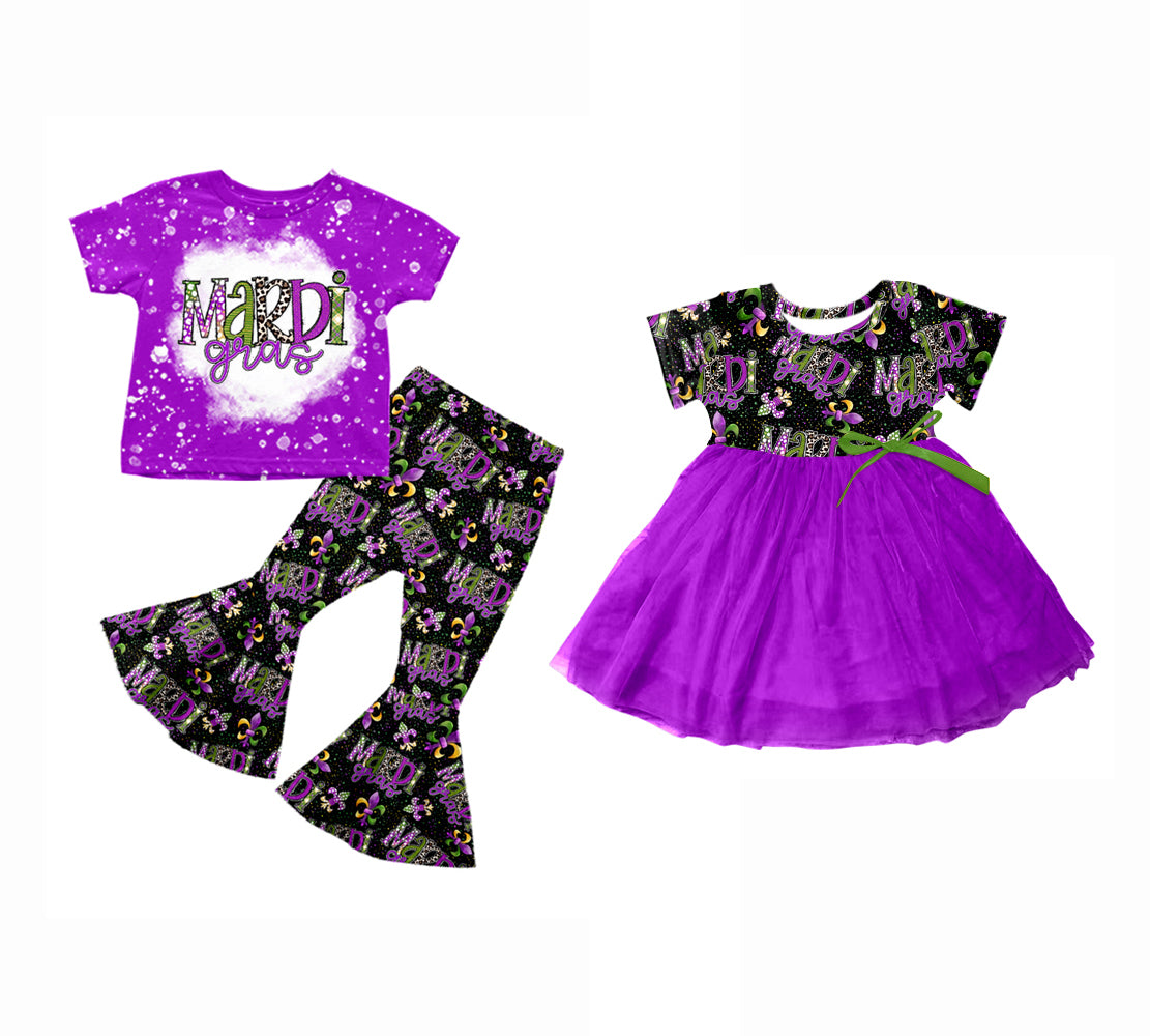 11.21(Custom Design Preorder MOQ 5 Each Design) Mardi Gras Purple Print Girls Matching Clothes Sisters Holiday Wear