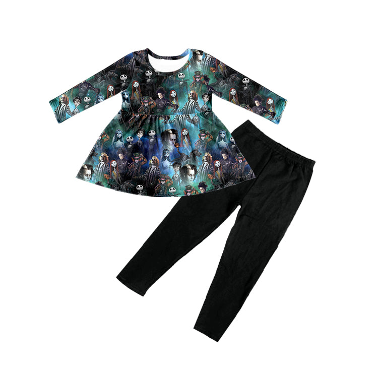 (Custom Design Preorder MOQ 5) Movie Characters Tunic Top Black Pants Girls Clothes Set