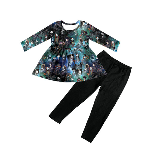 (Custom Design Preorder MOQ 5) Movie Characters Tunic Top Black Pants Girls Clothes Set