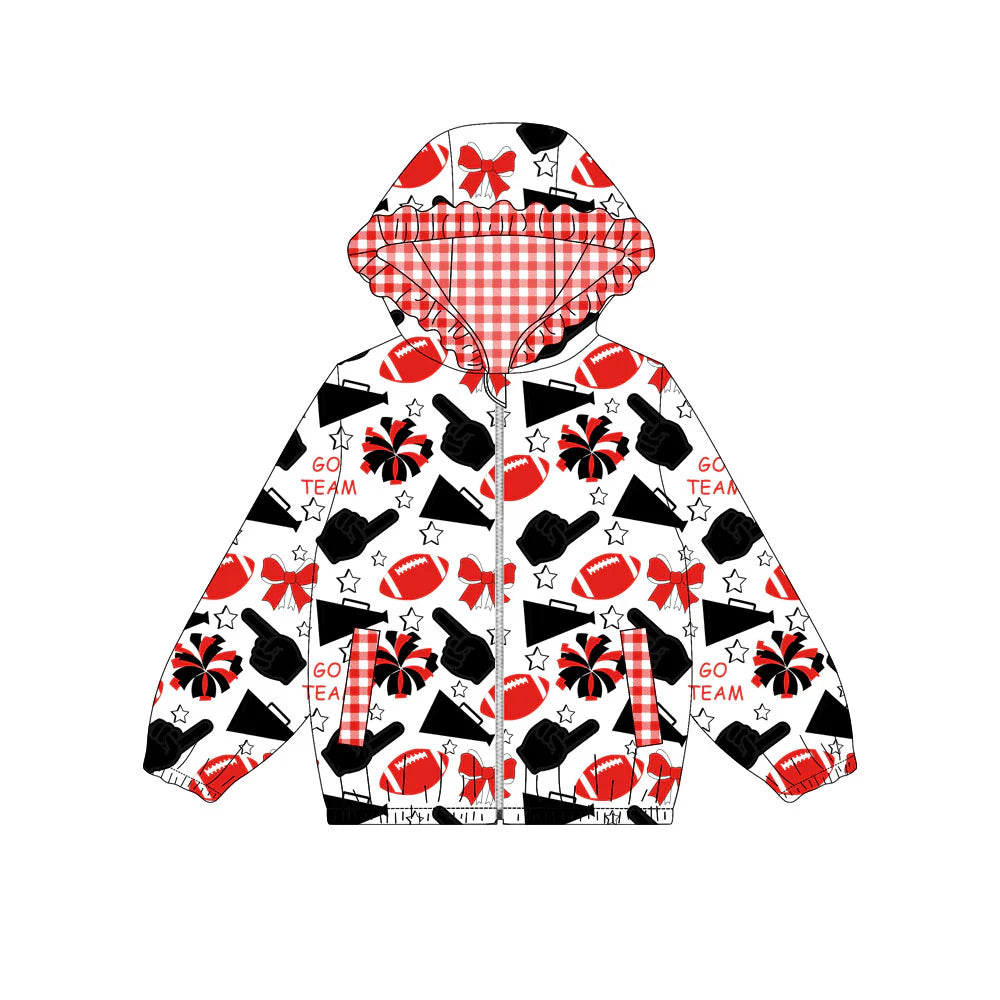 (Custom Design Preorder MOQ 5) Red Black Go Team Cheer Bows Print Pockets Girls Long Sleeve Zipper Jackets Top