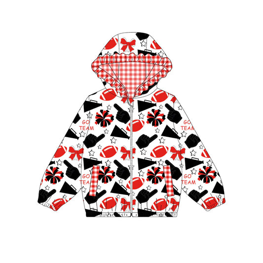 (Custom Design Preorder MOQ 5) Red Black Go Team Cheer Bows Print Pockets Girls Long Sleeve Zipper Jackets Top