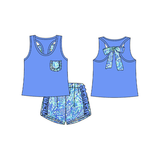 12.14(Custom Design Preorder MOQ 5) Blue Pocket Vest Top Seaweed Shorts Girls Summer Clothes Set