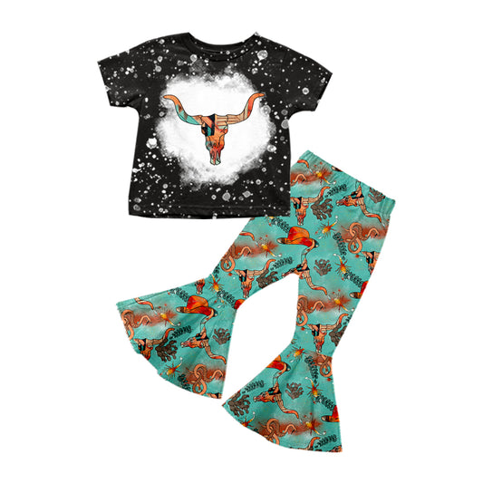 (Custom Design Preorder MOQ 5) Cow Skull Top Green Bell Pants Girls Western Clothes Set