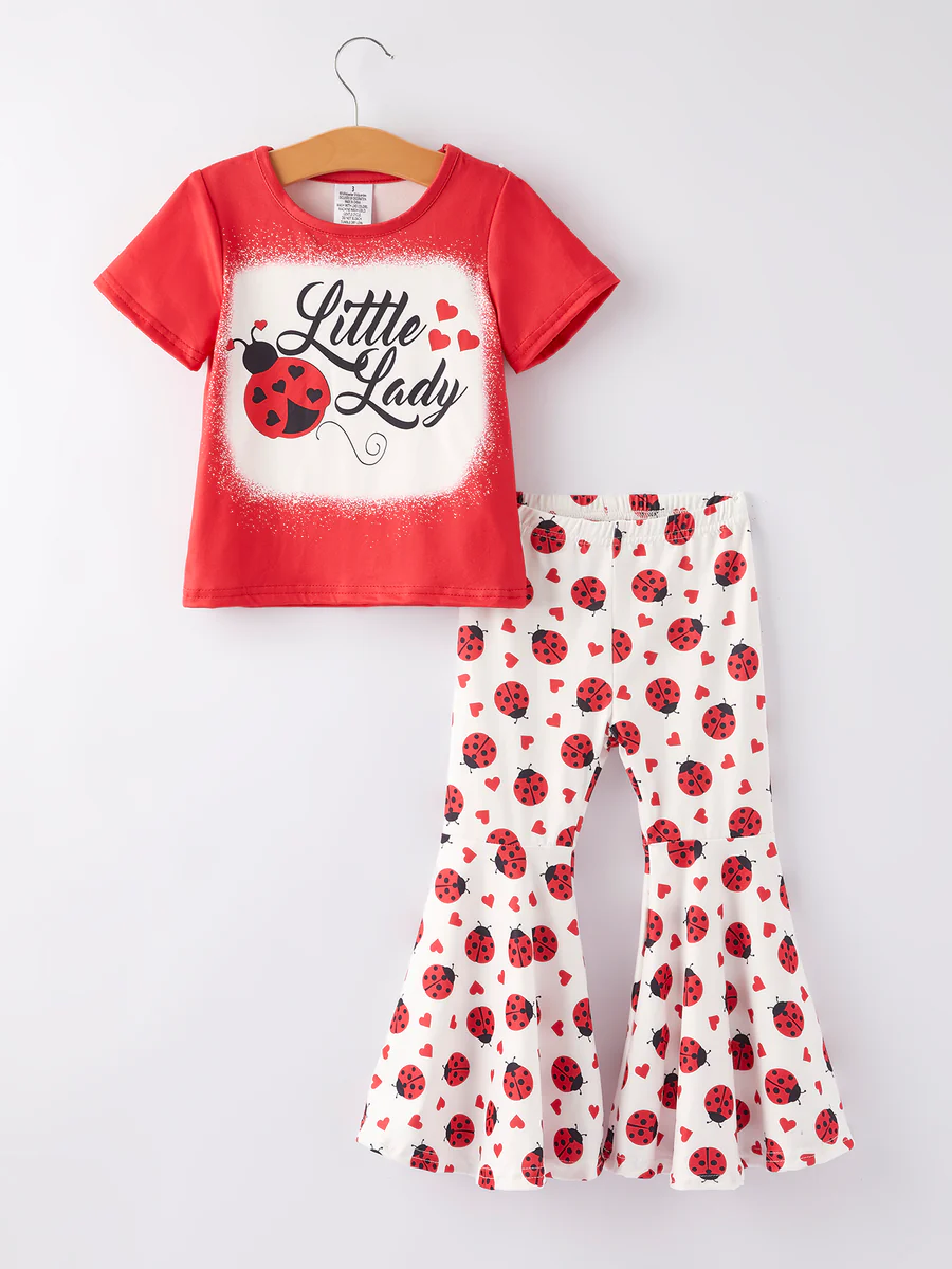 (Custom Design Preorder MOQ 5) Little Lady Ladybird Top Bell Pants Girls Valentine's Day Clothes Set