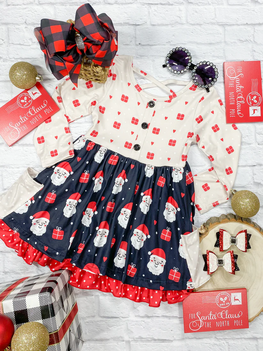 (Custom Design Preorder MOQ 5) Santa Print Pockets Girls Knee Length Christmas Dress