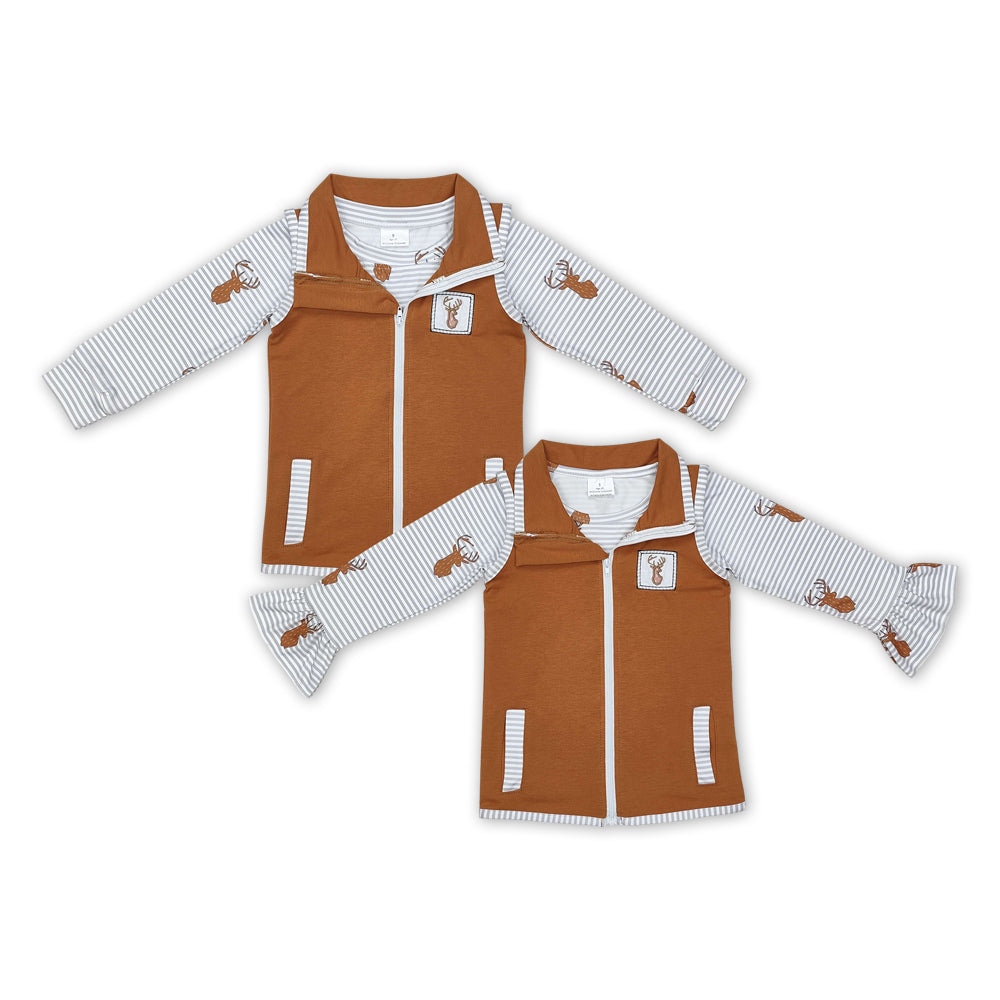 Deer Embroidery Brown Print Vest Sibling Matching Clothes