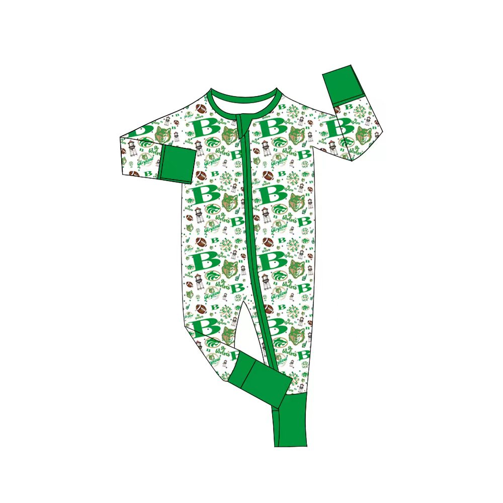 (Custom Design Preorder MOQ 5) Team's Green Print Baby Sleeper Zipper Romper
