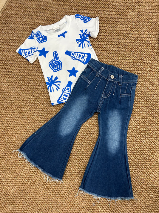 GT0941+P0457 Cheer Top Blue Denim Bell Jeans Girls Clothes Set