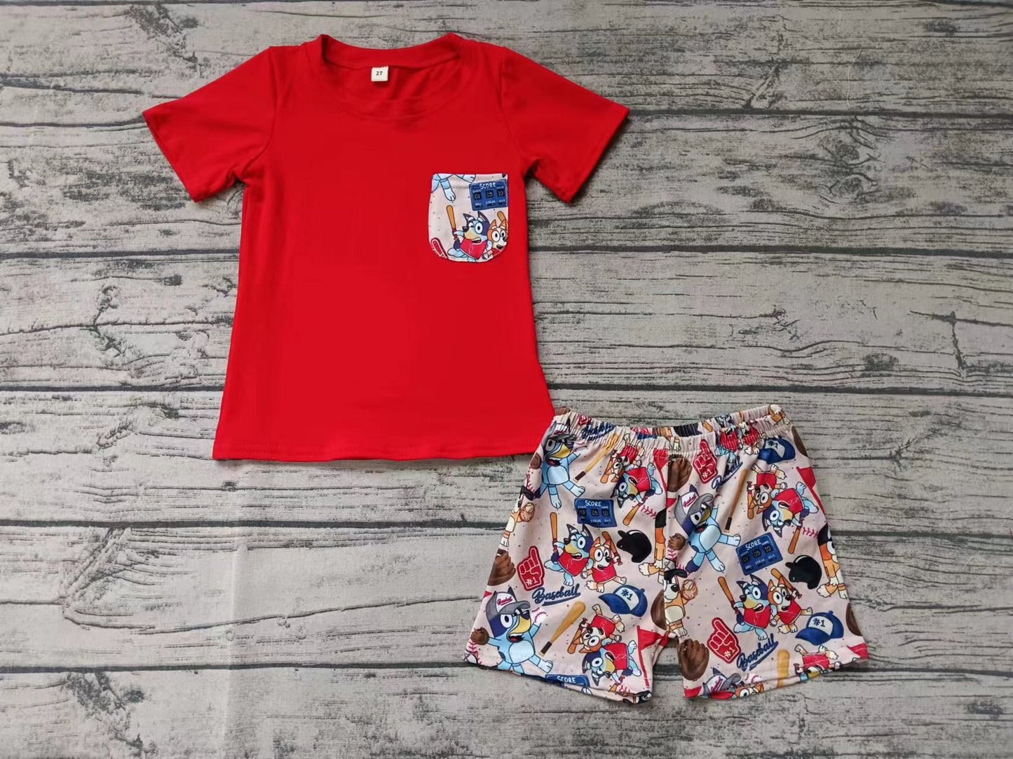 (Custom Design Preorder MOQ 5) Red Pocket Top Cartoon Dog Baseball Shorts Boys Summer Clothes Set