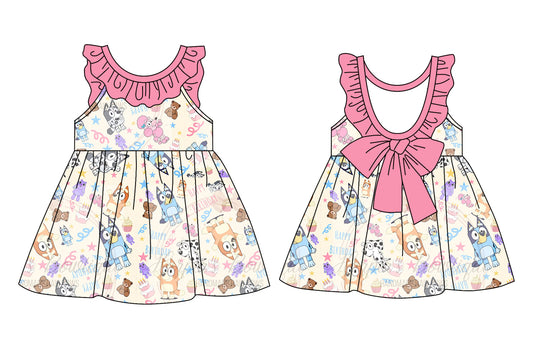 (Custom Design Preorder MOQ 5) Cartoon Dog Happy Birthday Print Girls Summer Knee Length Dress