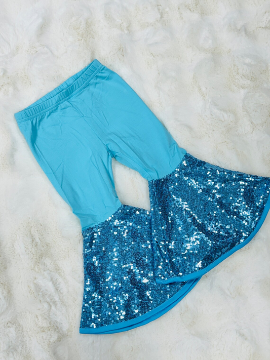 (Custom Design Preorder MOQ 5) Blue Sequins Ruffle Girls Bell Bottom Pants