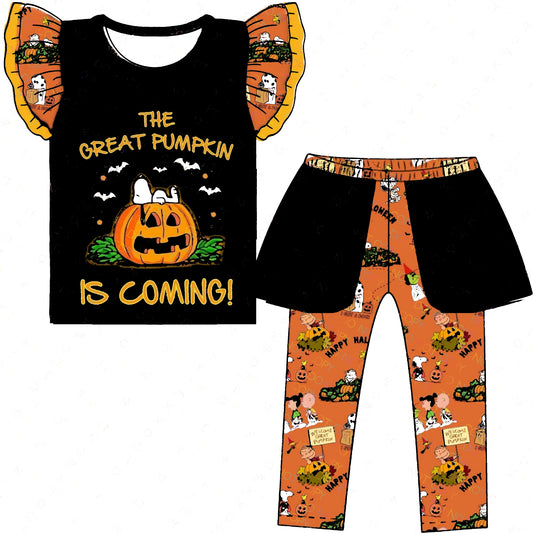 (Custom Design Preorder MOQ 5) Pumpkin Top Orange Pants Girls Halloween Clothes Set