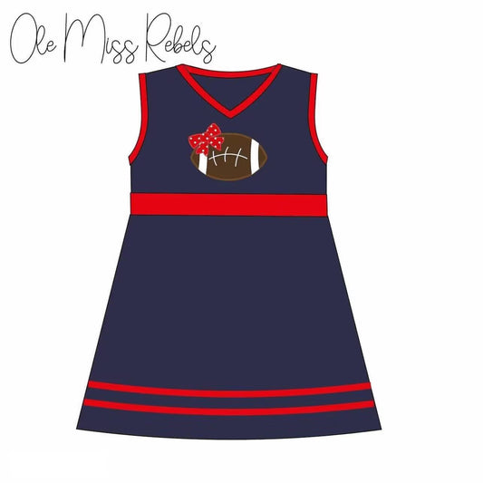 (Custom Design Preorder MOQ 5)  Navy Red Football Print Girls Knee Length Dress