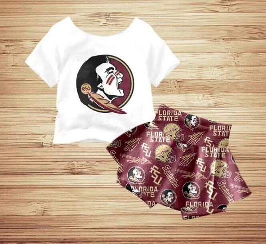 (Custom Design Preorder MOQ 5)  Team's FSU Print Girls Summer Skirts With Shorts Clothes Set