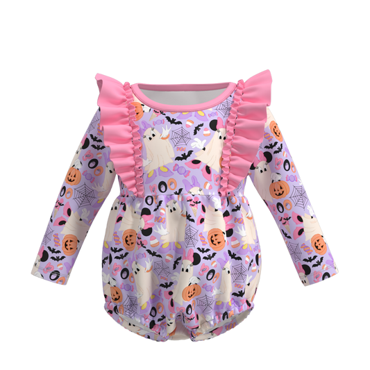 (Custom Design Preorder MOQ 5) Cartoon Mouse Ghost Print Baby Girls Halloween Romper