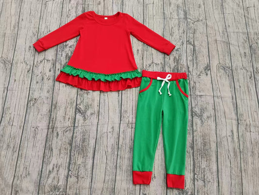 (Custom Design Preorder MOQ 5) Red Ruffle Top Green Pockets Pants Girls Christmas Clothes Set