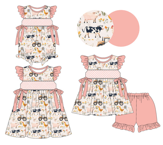 3.10(Custom Design Preorder MOQ 5 Each Design) Farm Animals Flowers Print Girls Summer Matching Clothes Sisters Wear