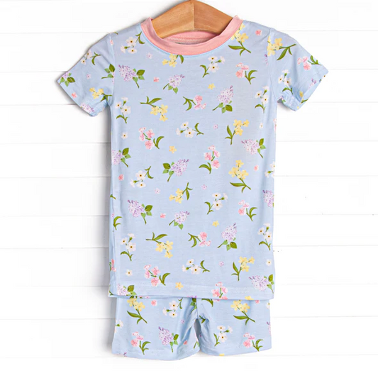 (Custom Design Preorder MOQ 5)  Colorful Flowers Blue Print Girls Summer Pajamas Clothes Set