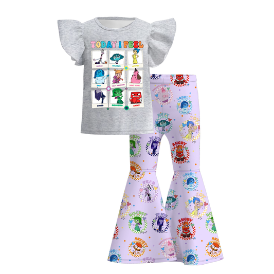 (Custom Design Preorder MOQ 5)  Cartoon Figure Inside Out Today I Feel Print Bell Pants Girls Clothes Set