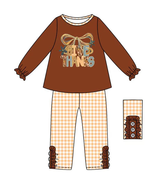 (Custom Design Preorder MOQ 5) GIVE THANKS Brown Top Plaid Pants Girls Fall Clothes Set